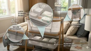 A photorealistic illustrative diagram showing the secure bed attachment system on the best bedside bassinet, featuring integrated measurement guides and organized call-outs to show restraint straps and stability anchor plates in a bright Canadian bedroom.