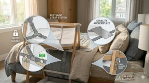 A photorealistic illustration demonstrating the large storage solutions on the best bedside bassinet, featuring integrated measurement guides and organized call-outs to show the spacious under-seat basket and side pocket in a bright Canadian bedroom.