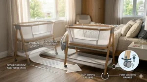 A photorealistic illustration showing a parent easily assembling the wooden frame of the best bedside bassinet without tools, featuring an integrated three-step graphic diagram to demonstrate quick setup in a sunlit Canadian bedroom.