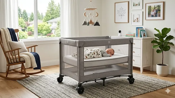 A sleek, modern portable crib with wheels positioned in a sunlit Canadian nursery, showing locking casters for safety and mobility. portable cribs with wheels