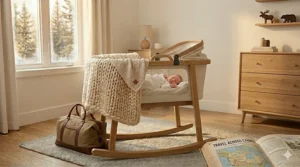 A peaceful illustration of a newborn sleeping soundly in a premium rocking bassinet.