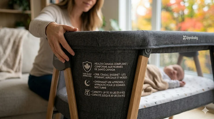 A premium travel bassinet for newborn in a modern Canadian home with bright natural light and autumn maple leaves visible through the window.