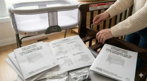 Close-up of nursery furniture assembly instructions featuring both English and French text, tailored for the Canadian market.