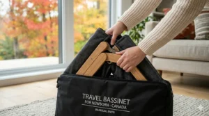 Retail box for a travel bassinet for newborn featuring bilingual English and French Moïse de voyage text for the Canadian market.