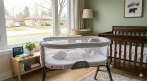 Detailed view of breathable mesh sides on a bassinet to ensure maximum airflow and visibility for a sleeping newborn.
