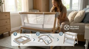 An illustration highlighting the breathable mesh siding on the best bedside bassinet, featuring integrated airflow diagrams and icons to demonstrate maximum ventilation for a sleeping infant in a Canadian home.