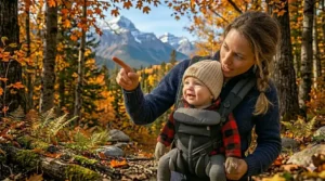 Illustration highlighting the breathable mesh fabric of a forward facing baby carrier, ideal for humid Canadian summers.