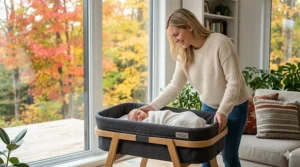 High-detail view of the breathable mesh sides on a travel bassinet for newborn, ensuring safe sleep and airflow for infants.