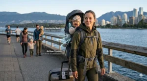 A parent walking the Vancouver seawall using a breathable mesh travel baby carrier suitable for humid coastal climates.