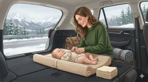 Illustration of a quick diaper change in the back of an SUV using a waterproof changing pad during a Canadian road trip.