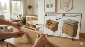 Simplified step-by-step visual guide for assembling a combo changing table and dresser set.
