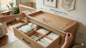 Technical illustration showing the height and width of a changing table dresser combo for nursery spatial planning.
