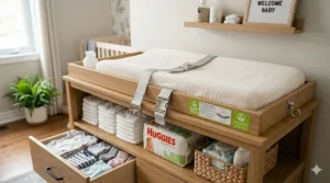 Illustration of a changing table with storage showing secure safety straps and contoured topper for infant security.