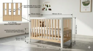 Technical drawing showing the dimensions of a compact convertible crib designed to fit smaller Canadian nursery layouts.