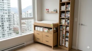 A compact changing table with vertical storage shelves, ideal for smaller urban condos in Toronto or Vancouver.
