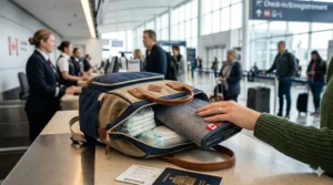 Illustration of a compact portable changing pad for travel tucked into a carry-on bag at a Canadian airport terminal.