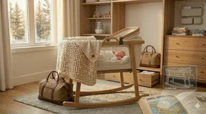 A space-saving rocking bassinet tucked into a stylish, compact Canadian condo bedroom.