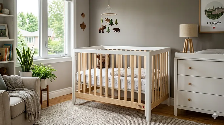 A modern white 3-in-1 convertible crib under $300 styled in a bright Canadian nursery with neutral decor and natural light.
