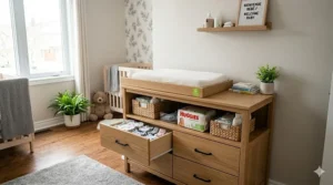 A 2-in-1 convertible changing table with storage that transitions into a standard bedroom dresser.