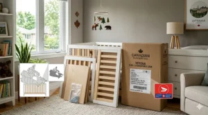 Illustration of a flat-packed 3-in-1 crib box ready for shipping across Canada with a Canada Post delivery label.
