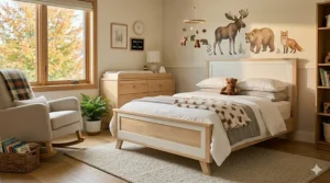 A 4-in-1 convertible crib fully transitioned into a double bed headboard and footboard for long-term use.