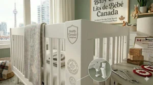 Alt text for image 6: A technical close-up showing a white mini-crib adapter kit for space-saving nursery solutions in urban Canadian homes.