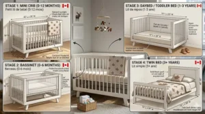 A 3-step diagram showing a 4-in-1 mini crib converting from a bassinet to a twin bed for growing Canadian kids.
