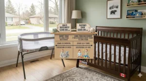 A visual breakdown comparing the short-term cost of a bassinet versus the long-term value of a 3-in-1 convertible crib in CAD.