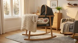 A cozy illustration of a rocking bassinet with warm blankets, perfect for a Canadian winter.