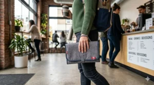 Stylish illustration of a portable changing pad for travel folded into a sleek clutch for a minimalist Canadian parent.
