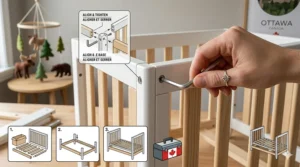 Illustration of the simple assembly process and included hardware for an affordable 3-in-1 convertible crib.
