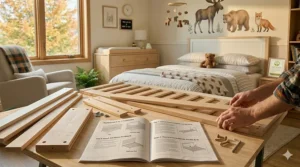Simplified graphic showing easy assembly of a 4-in-1 convertible crib with bilingual English and French instructions.