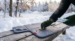 Close-up illustration of the easy-wipe surface of a portable changing pad for travel, perfect for messy winter changes.