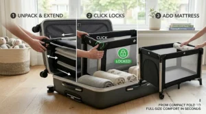 Easy 3-step setup of a travel crib that fits in a suitcase, perfect for tired parents arriving at a hotel in Montreal or Calgary.