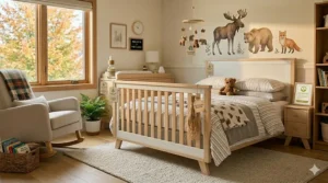 Illustration of a sustainably sourced wood 4-in-1 convertible crib featuring non-toxic, lead-free finishes.