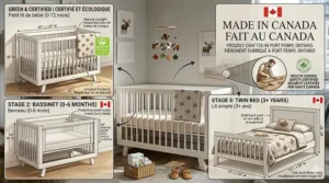 Illustration of a non-toxic mini crib with "GreenGuard Gold" and "Made in Canada / Fait au Canada" labels.