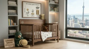 Illustration of a sustainable, non-toxic solid wood 3-in-1 convertible crib popular in Canadian eco-conscious nurseries.