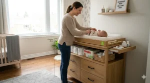Side-profile illustration of an ergonomically designed changing table with storage at a comfortable height for parents.