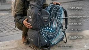 Illustration of a father using an ergonomic forward facing baby carrier while walking through a busy Canadian city downtown.