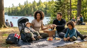 A diverse Canadian family enjoying a summer picnic in a provincial park with a baby resting comfortably in a travel carrier.