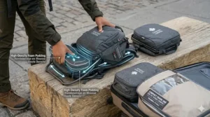 Illustration showing how a compact travel baby carrier folds down to fit into a standard carry-on suitcase for Canadian flights.