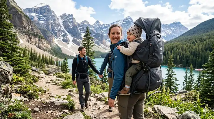 A parent using a forward facing baby carrier while hiking a scenic trail in the Canadian Rockies during autumn.