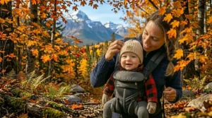 Close-up illustration of a happy infant looking at nature from a forward facing baby carrier, focusing on visual stimulation.