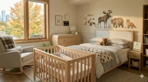 A visual timeline showing how a 4-in-1 convertible crib evolves from birth through the teenage years in a Canadian home.
