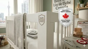 Alt text for image 2: A close-up of a baby crib corner featuring a Health Canada Compliant safety shield and bilingual French-English text.