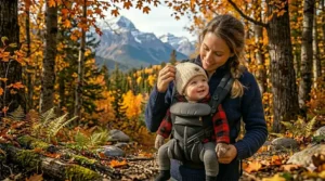 Step-by-step illustration for adjusting a forward facing baby carrier (porte-bébé face au monde) for maximum lumbar support.