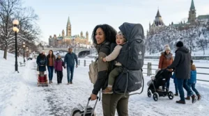 A cozy, insulated travel baby carrier designed for winter walks in Ottawa, featuring a wind-resistant cover.