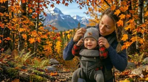 Illustration of a lightweight, foldable forward facing baby carrier packed into a travel bag for a family trip across Canada.