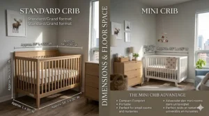 A technical illustration comparing standard crib dimensions to mini cribs for small spaces to show floor savings.