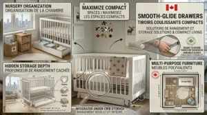 Illustration of a mini crib for small spaces featuring built-in storage drawers for extra bedding and diapers.
